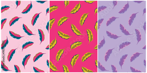Seamless pattern featuring colorful feathers in various shades of pink, purple, and fuchsia. Elegant and playful design, perfect for trendy fashion, accessories, and youthful apparel.