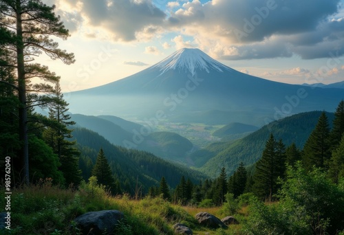 Sunset Landscape with Autumn Forest and Rolling Hills