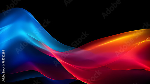 Grainy gradient background blue red yellow abstract glowing color wave black backdrop, noise texture banner poster header design