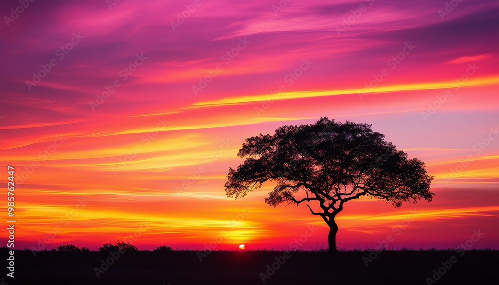 A dramatic sunset scene with a single silhouetted tree standing on the horizon. The sky is ablaze A dramatic sunset scene with a single silhouetted tree standing on the horizon. The sky is ablaze