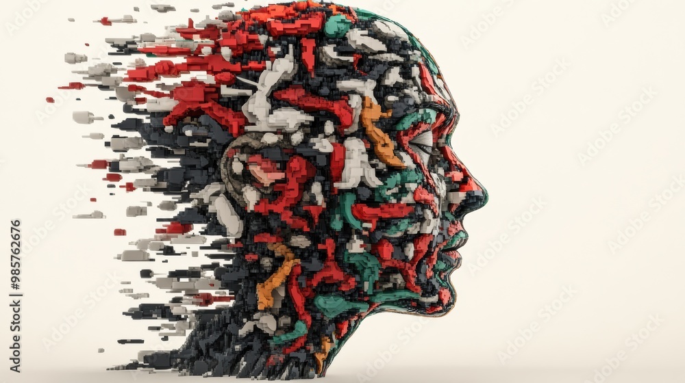 A colorful, abstract human face made from pixel-like blocks, disintegrating into scattered fragments, symbolizing digital transformation and decay. A colorful, abstract human face made from pixel-like blocks, disintegrating into scattered fragments, symbolizing digital transformation and decay.