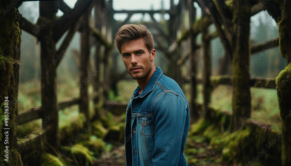 A portrait of a man in a denim jacket standing confidently in an old, rustic wooden structure A portrait of a man in a denim jacket standing confidently in an old, rustic wooden structure