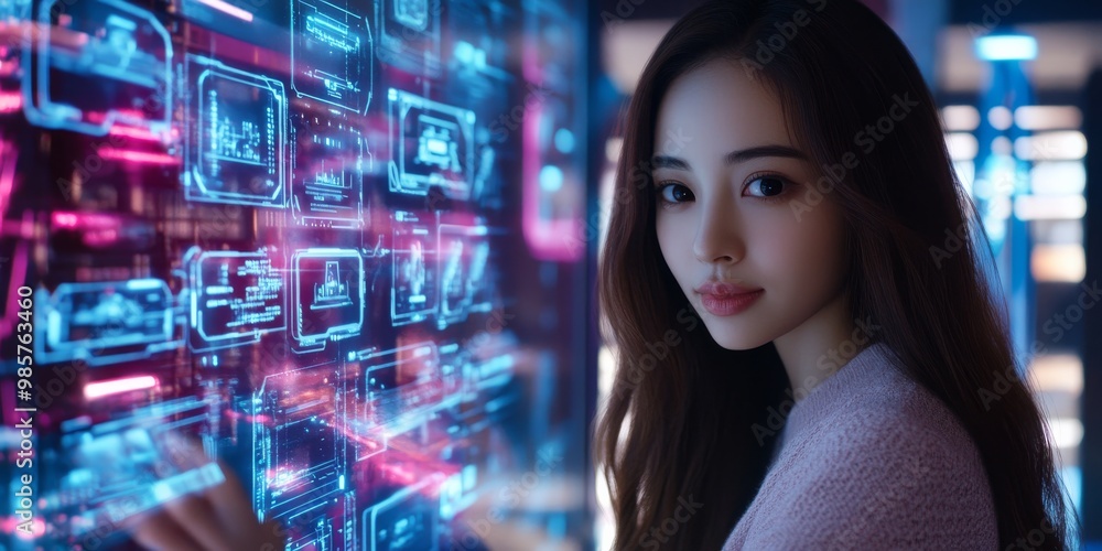 Tech-Savvy Woman Navigating a Futuristic Interface: A captivating portrait of a confident woman interacting with a vibrant, holographic display, symbolizing the intersection of technology & innovation Tech-Savvy Woman Navigating a Futuristic Interface: A captivating portrait of a confident woman interacting with a vibrant, holographic display, symbolizing the intersection of technology & innovation