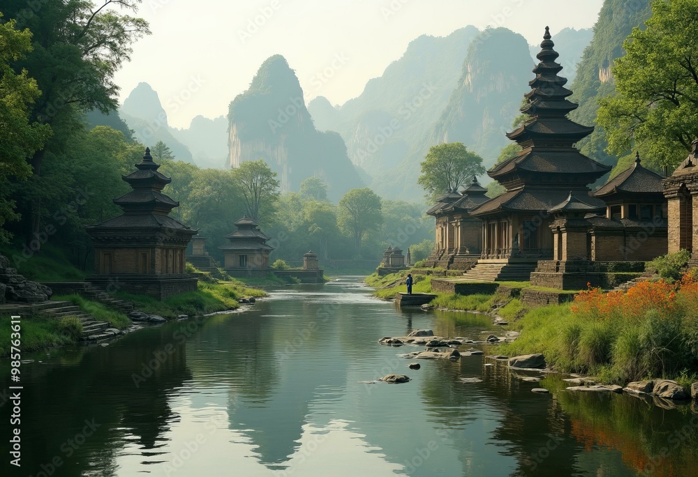 Traditional Chinese Pagodas by Calm River with Karst Formations Traditional Chinese Pagodas by Calm River with Karst Formations