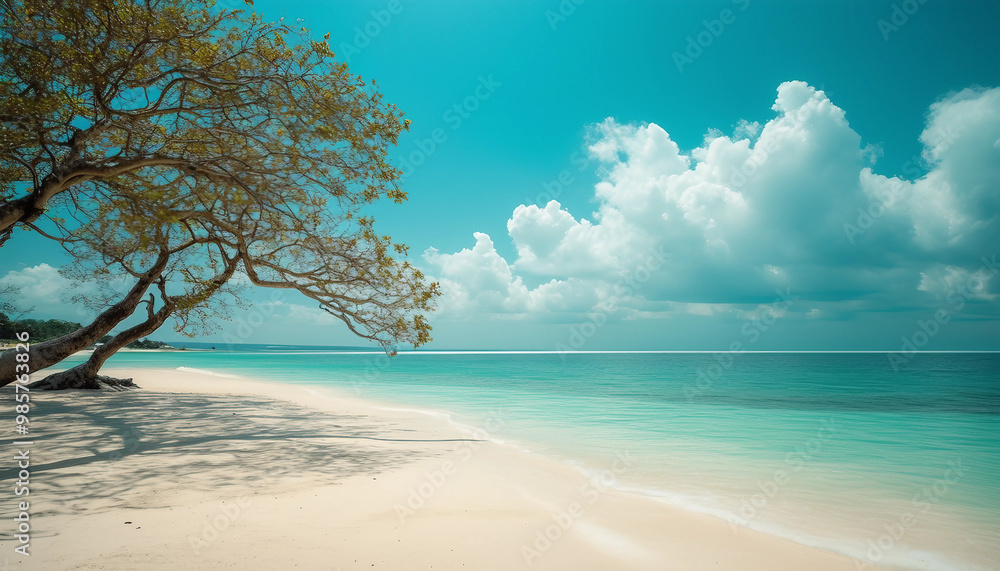 A serene beach scene with two windswept trees, their branches twisted and reaching toward the calm A serene beach scene with two windswept trees, their branches twisted and reaching toward the calm
