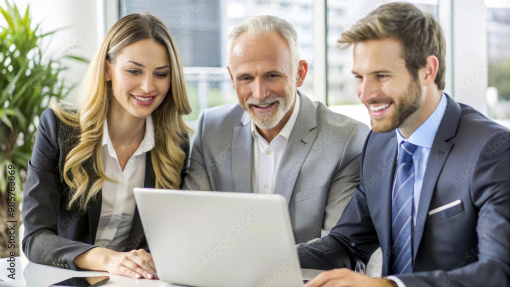 Three professionals gather around a laptop in a bright, modern office environment and look at the screen with smiles. An atmosphere of cooperation and positivity. AI generated. Three professionals gather around a laptop in a bright, modern office environment and look at the screen with smiles. An atmosphere of cooperation and positivity. AI generated.