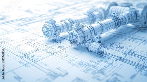Blueprint of industrial piping system components.