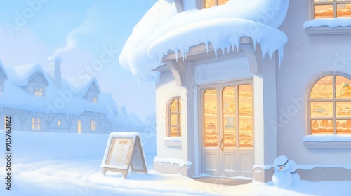 Snowcovered enchanted bakery with glowing pastries visible through frosted windows, cozy and whimsical, watercolor