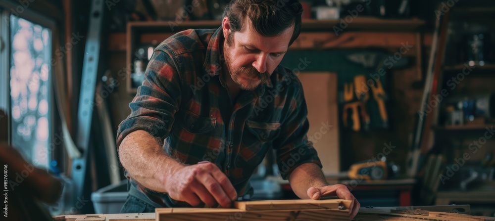 Craftsman in Garage Workshop Tightening Screw on Wooden Project with Determined Look for DIY Enthusiasts Craftsman in Garage Workshop Tightening Screw on Wooden Project with Determined Look for DIY Enthusiasts