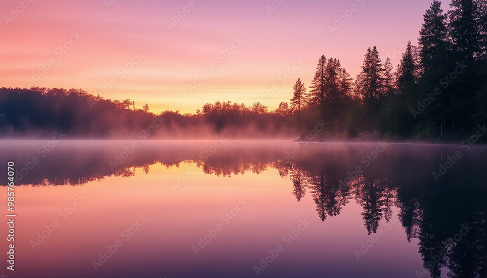 Fototapeta premium A serene lakeside scene at dawn, with mist rising from the waterss surface as the sky transitions
