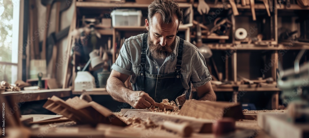 Focused Craftsman Working on Woodworking Project in Rustic Home Garage Workshop Focused Craftsman Working on Woodworking Project in Rustic Home Garage Workshop