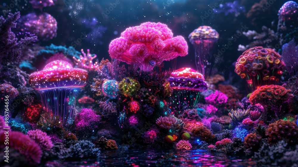 Fototapeta premium An awe-inspiring coral reef, filled with glowing, colorful corals and thriving marine life, creates a surreal and enchanting underwater scene.