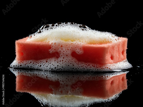 A red cleaning sponge covered with white suds and bubbles. photo