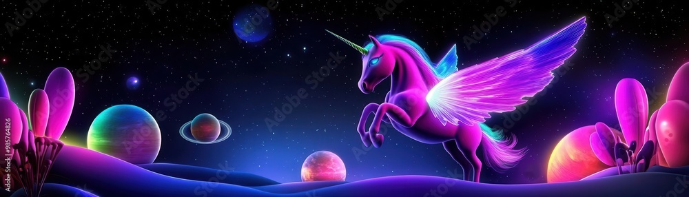 Fototapeta premium A unicorn with wings of shimmering holographic light, galloping across a futuristic landscape under glowing planets, Fantasy, Holographic, Neon Purple, 3D Render