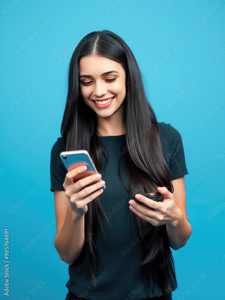 Happy images, Smiling young Woman Engaged with Smartphone, Young woman holding a mobile phone Happy images, Smiling young Woman Engaged with Smartphone, Young woman holding a mobile phone
