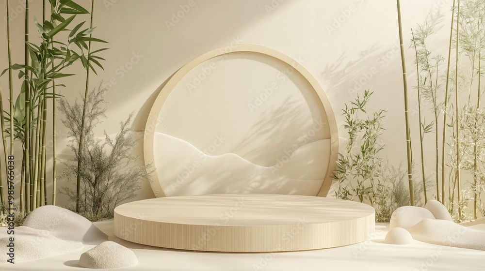 Minimalist display platform surrounded by bamboo and soft stones, creating a serene and tranquil atmosphere for presentations. Minimalist display platform surrounded by bamboo and soft stones, creating a serene and tranquil atmosphere for presentations.