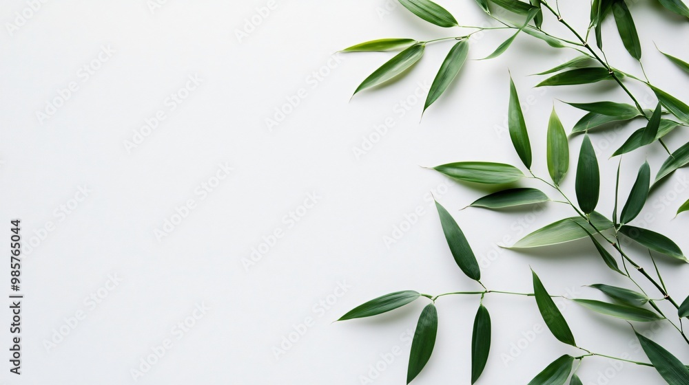 Fototapeta premium Green bamboo leaves on a white background.