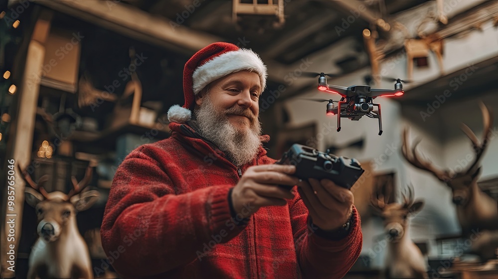 A man in a Santa hat operates a drone in a cozy, festive setting with reindeer decorations. A man in a Santa hat operates a drone in a cozy, festive setting with reindeer decorations.