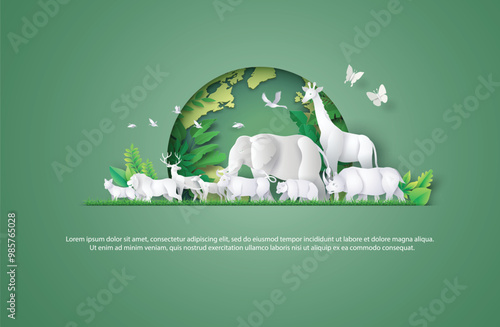 Paper Cut White Animal Family in Green Forest with Globe Background