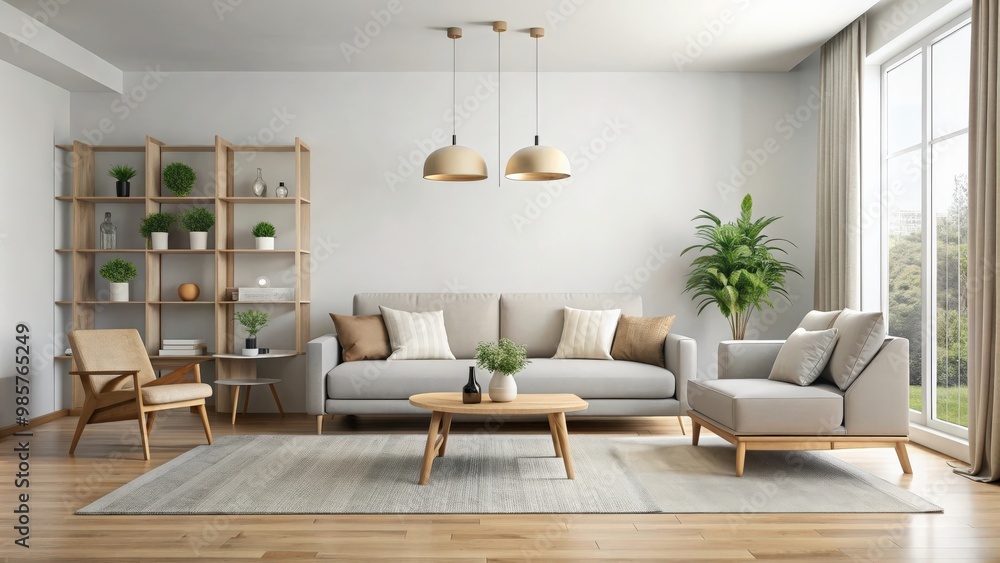 Modern living room interior with minimalistic furniture and neutral color palette Modern living room interior with minimalistic furniture and neutral color palette