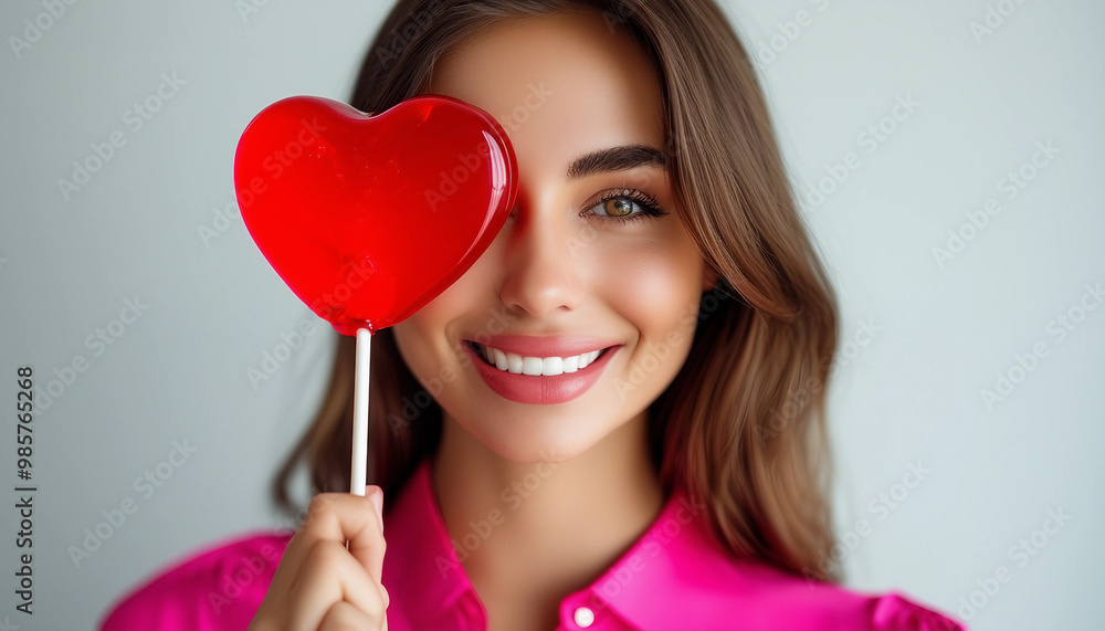 A bright, cheerful portrait of a woman holding a red, heart-shaped lollipop in front of one eye A bright, cheerful portrait of a woman holding a red, heart-shaped lollipop in front of one eye