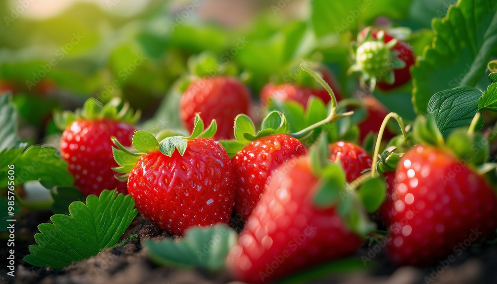 A close-up of ripe strawberries growing in a garden, nestled among green leaves and stems A close-up of ripe strawberries growing in a garden, nestled among green leaves and stems