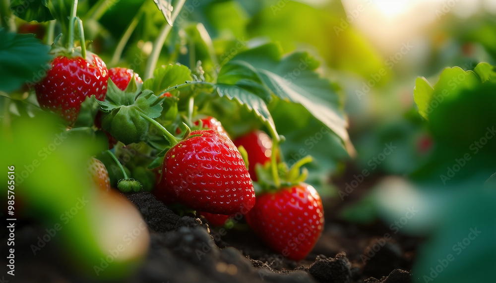 A close-up of ripe strawberries growing in a garden, nestled among green leaves and stems A close-up of ripe strawberries growing in a garden, nestled among green leaves and stems