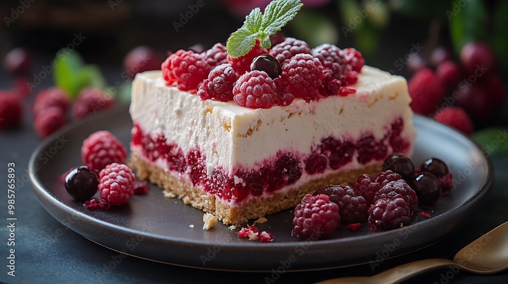 A slice of cheesecake with a raspberry and blueberry topping, served on a plate with fresh berries. A slice of cheesecake with a raspberry and blueberry topping, served on a plate with fresh berries.