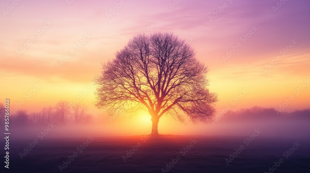 Majestic bare tree silhouetted against a glowing misty sunrise, with golden and purple light radiating from behind, in a realistic natural background Majestic bare tree silhouetted against a glowing misty sunrise, with golden and purple light radiating from behind, in a realistic natural background