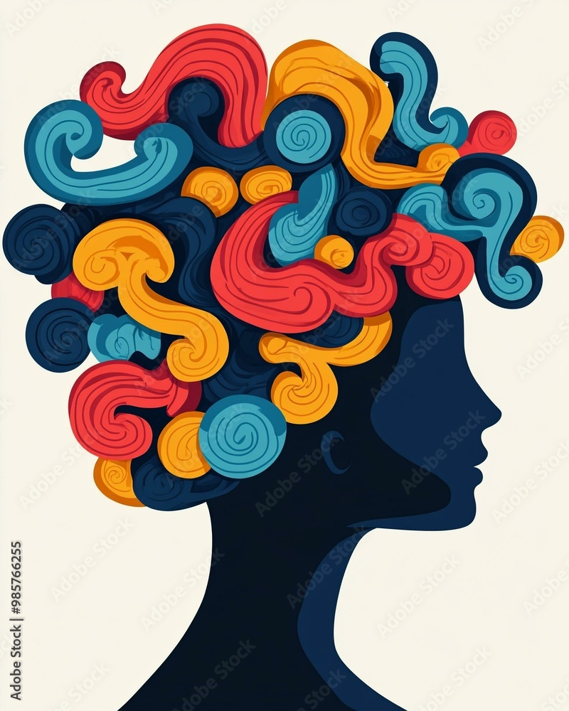 Artistic silhouette of a woman's head with vibrant, colorful swirling hair patterns, perfect for creative projects and designs. Artistic silhouette of a woman's head with vibrant, colorful swirling hair patterns, perfect for creative projects and designs.