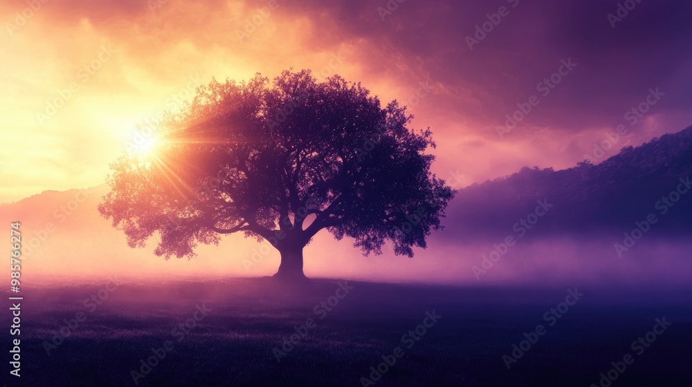 Obraz premium Stunning silhouette of a majestic tree with radiant golden and purple sunrise rays beaming from behind, set against a misty, realistic landscape