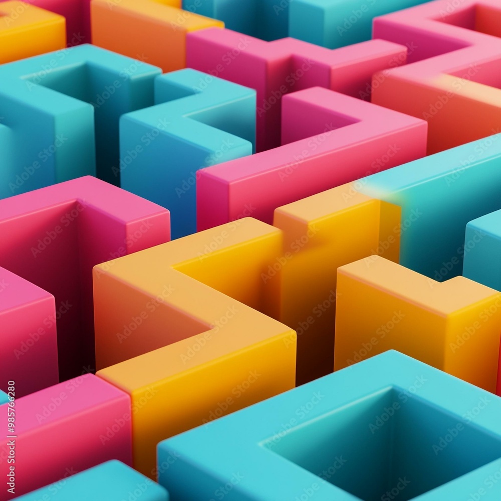 Colorful abstract maze design with vibrant blocks in blue, pink, and orange, creating a dynamic visual effect. Colorful abstract maze design with vibrant blocks in blue, pink, and orange, creating a dynamic visual effect.