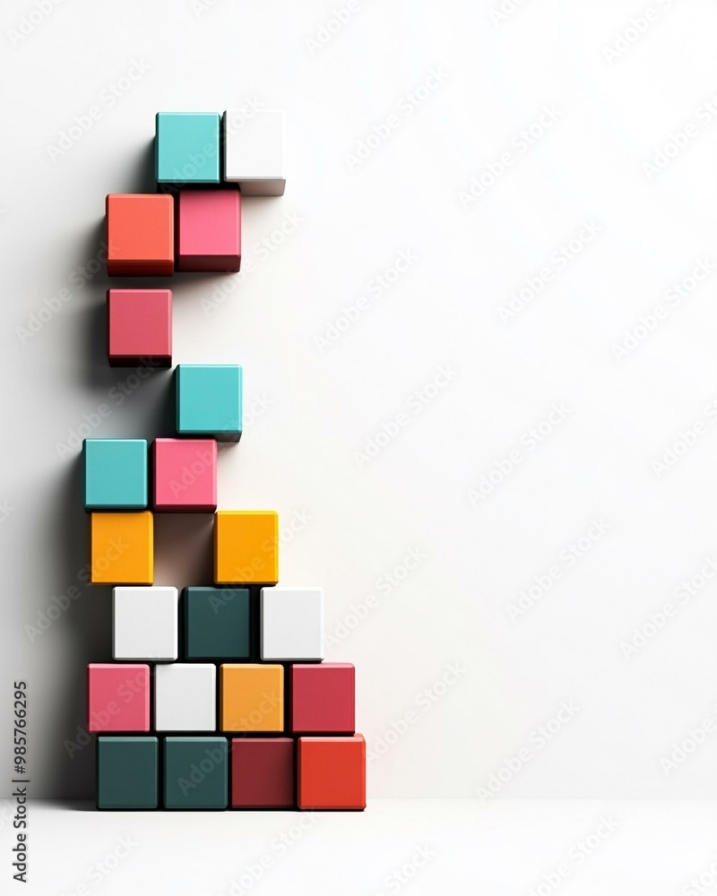 Colorful blocks arranged creatively against a plain background, showcasing geometry and design in a playful manner. Colorful blocks arranged creatively against a plain background, showcasing geometry and design in a playful manner.