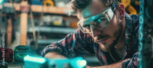 Home DIY Project in Garage - Focus on Craftsmanship with Safety Goggles and Movember Mustache photo