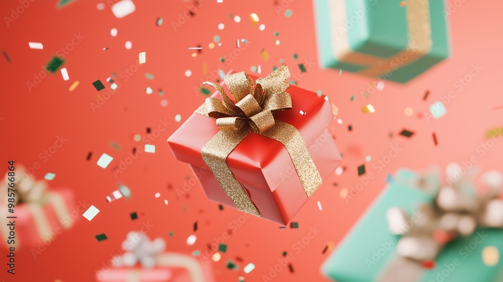 Obraz premium dynamic and playful scene featuring several holiday gifts flying around against a bright red wall gifts are wrapped in festive red, gold, and green paper, foil confetti