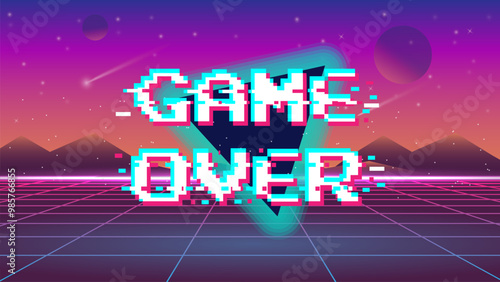 Game over screen. pixel video games 8-bit play interface old console monitor. Retro arcade gaming machine display.