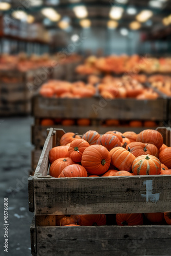 Pumpkin vegetables harvested in wooden boxes in a warehouse. Natural organic fruit abundance. Healthy and natural food storing and shipping concept.