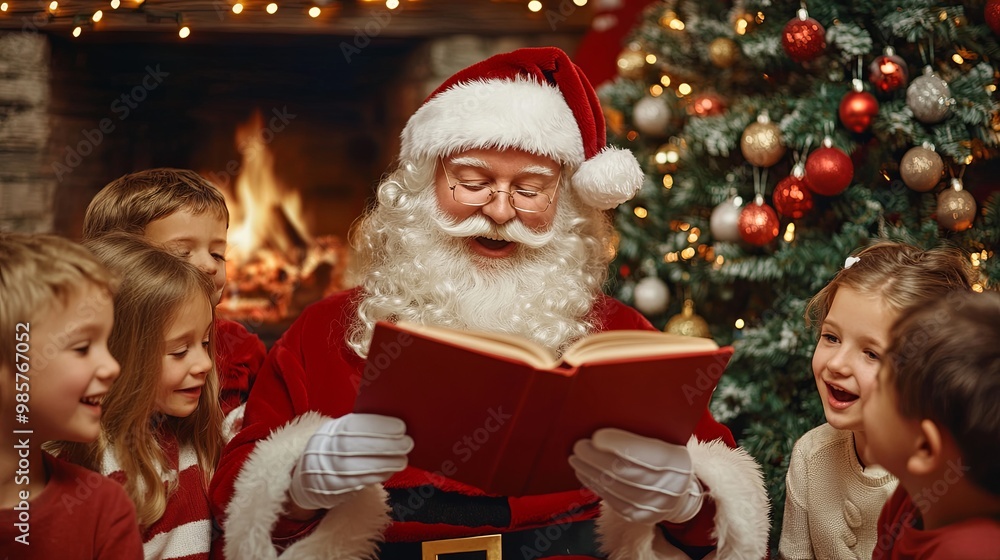 Santa Claus reads a story to children by a festive fireplace, surrounded by holiday decorations and a Christmas tree.