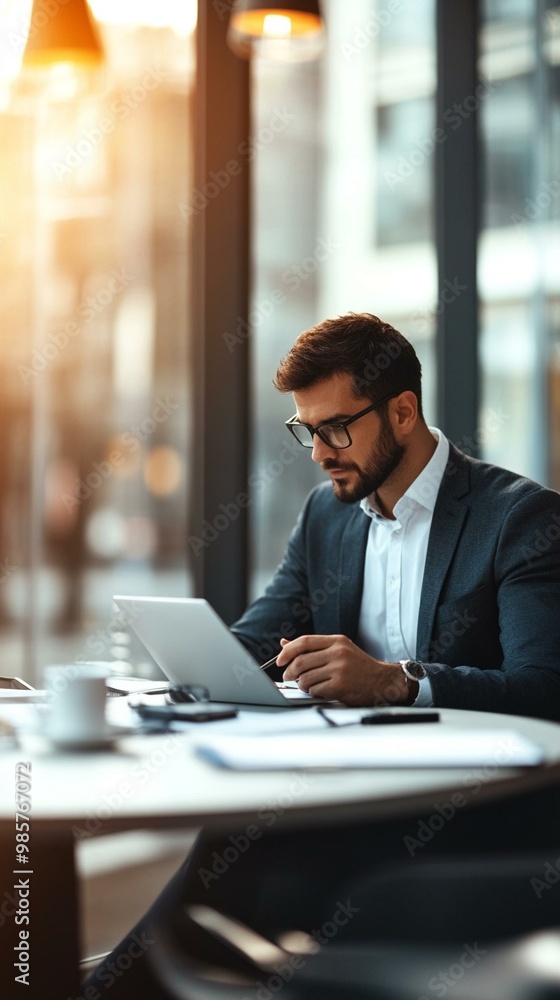 A focused professional working on a laptop in a modern office setting, with a warm light accentuating productivity. A focused professional working on a laptop in a modern office setting, with a warm light accentuating productivity.