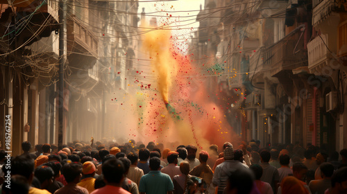 A crowd of people are gathered in a street photo