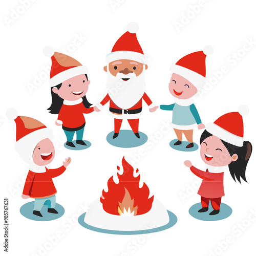 Christmas Cheer by the Fire:  A festive illustration of Santa Claus and four children holding hands around a roaring fire, radiating warmth and holiday spirit.  