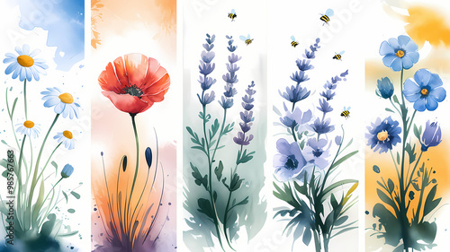 flowers, set of bookmarks, watercolor floral bookmarks, isolated on white background 