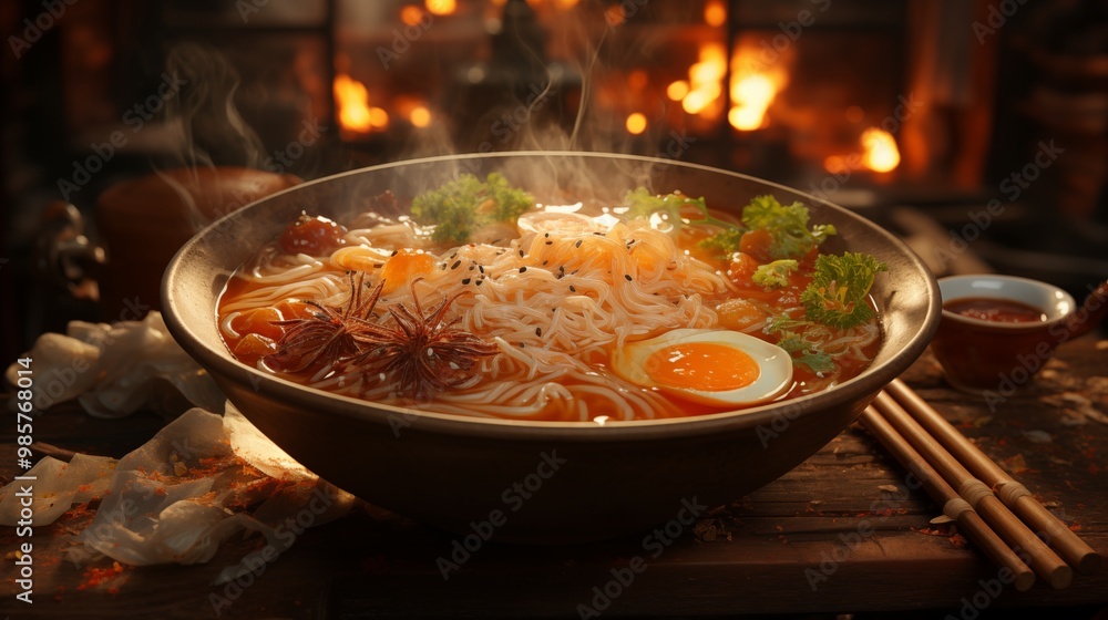 Savor the Heat: Steaming Ramen Bowl on Wooden Dining Surface Savor the Heat: Steaming Ramen Bowl on Wooden Dining Surface