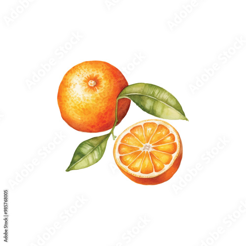 watercolor orange fruit and a slice vector illstration, white background