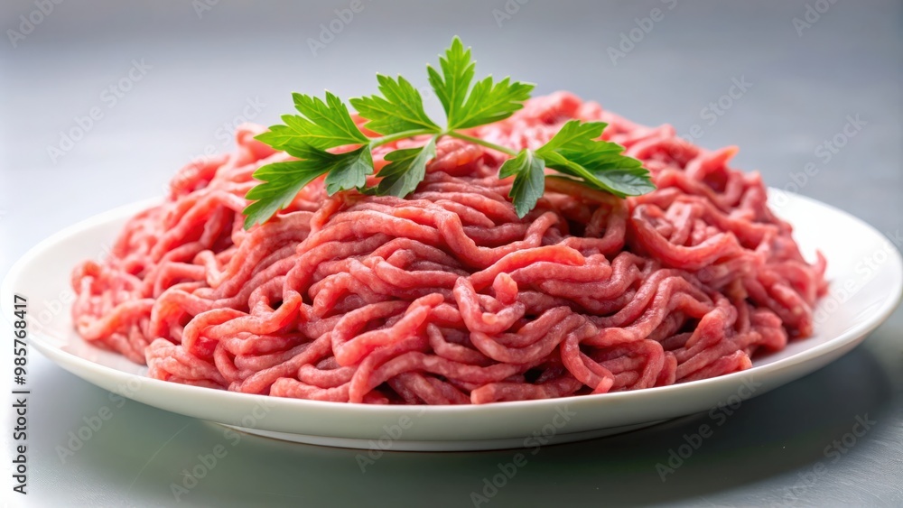 Close up of fresh raw minced beef in a white plate Close up of fresh raw minced beef in a white plate