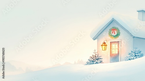 Christmas wreath hanging on a snowy cottage door, glowing lantern lighting the scene, watercolor