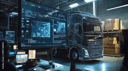 A semi-truck is displayed in a warehouse, with a digital overlay, in front of a large computer screen