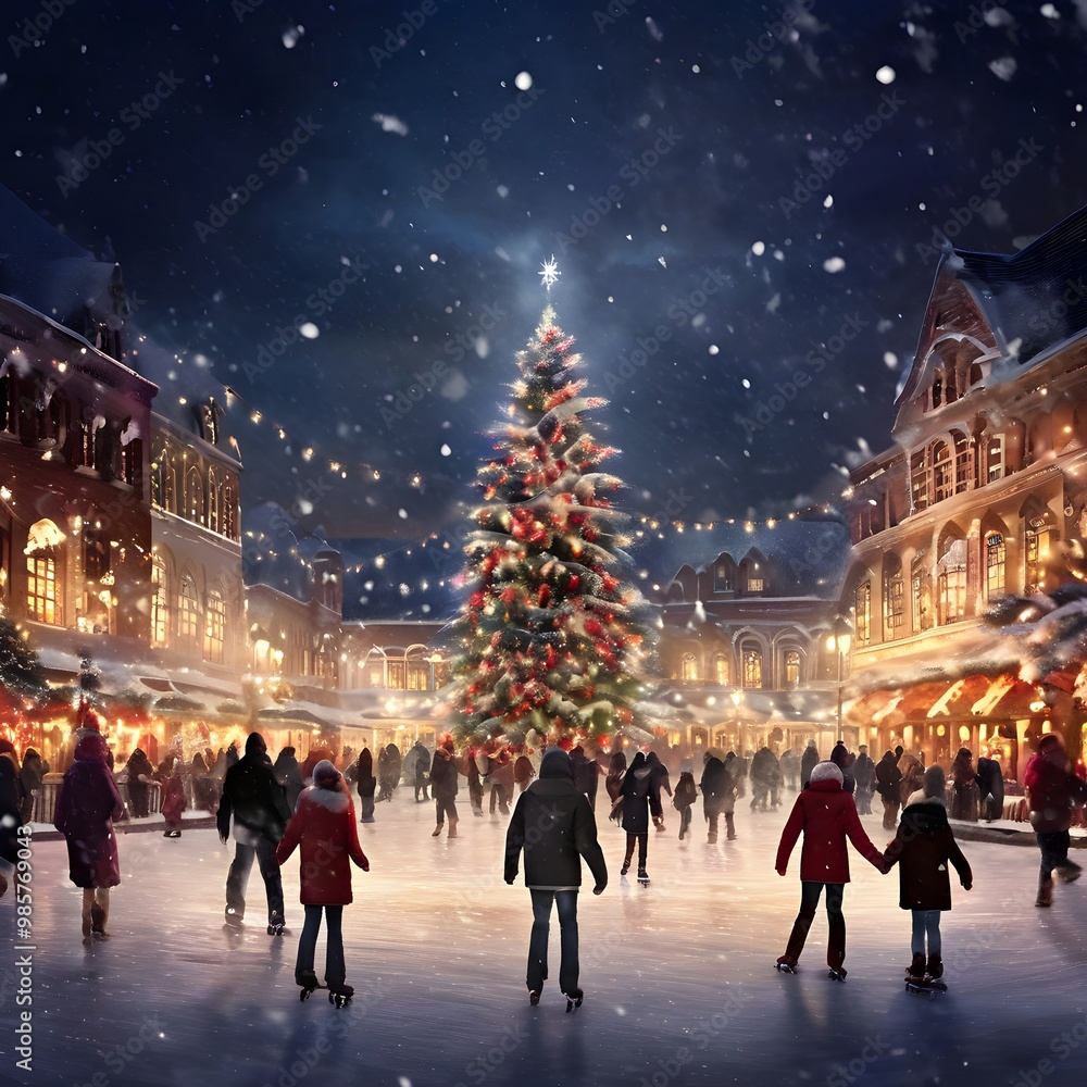 Obraz premium Ice Skating Rink in a Snowy Town Square