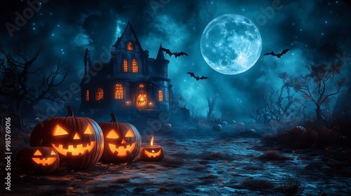 Halloween background with pumpkins, candles and haunted house. Halloween night wallpaper for mobile phon