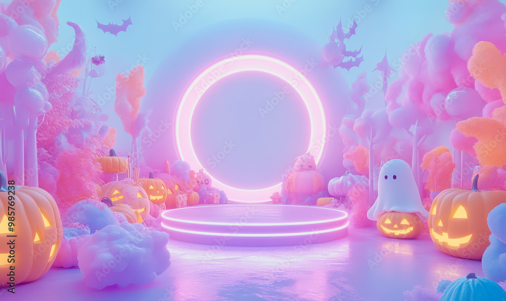 Neon platform with playful Halloween characters in a pastel space, glowing empty center Neon platform with playful Halloween characters in a pastel space, glowing empty center